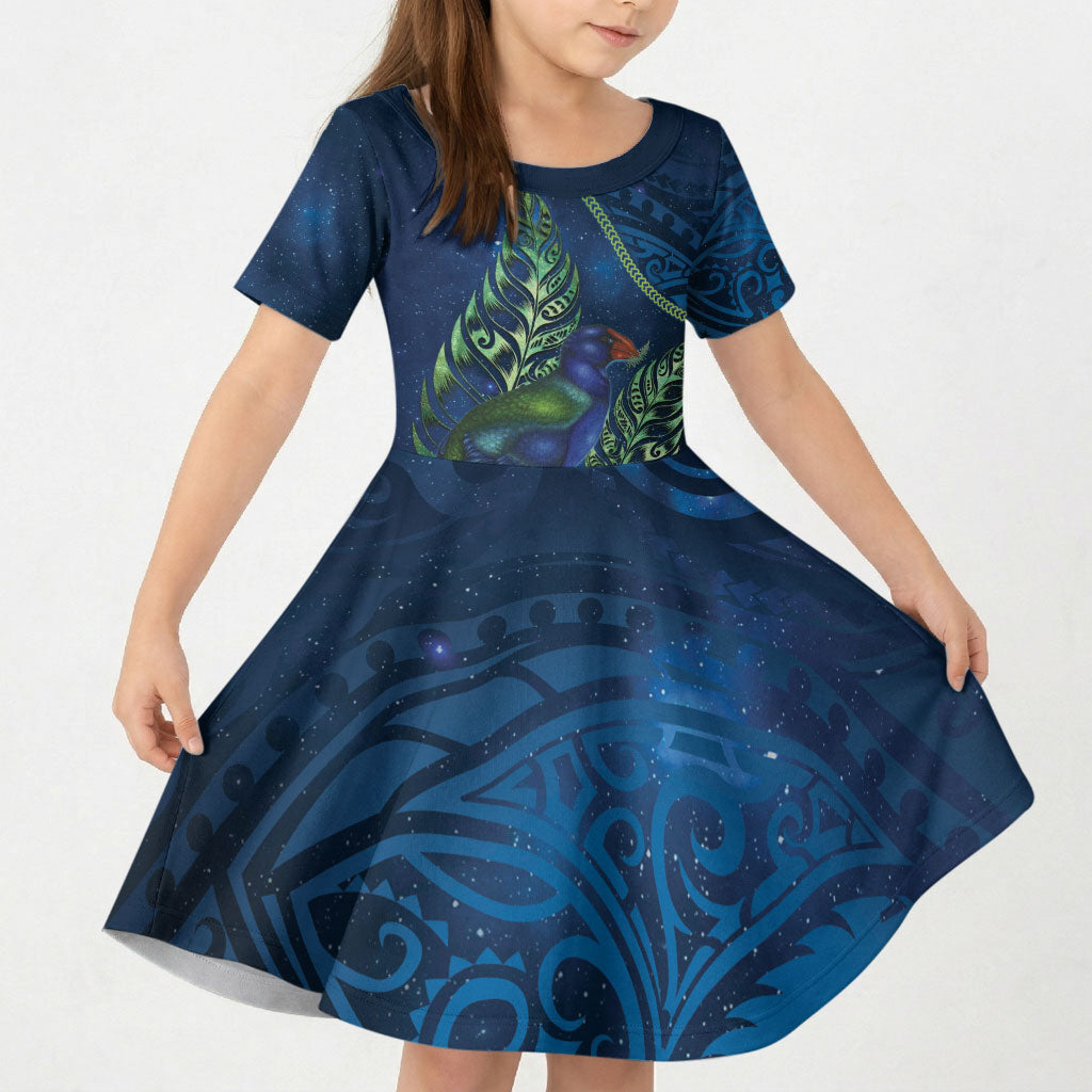 New Zealand Takahe Personalised Kid Short Sleeve Dress Silver Fern Galaxy Polynesian Pattern LT22 KID Blue - Polynesian Pride