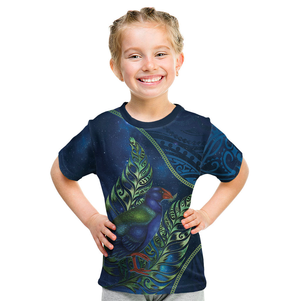 New Zealand Takahe Personalised Kid T Shirt Silver Fern Galaxy Polynesian Pattern LT22 Blue - Polynesian Pride
