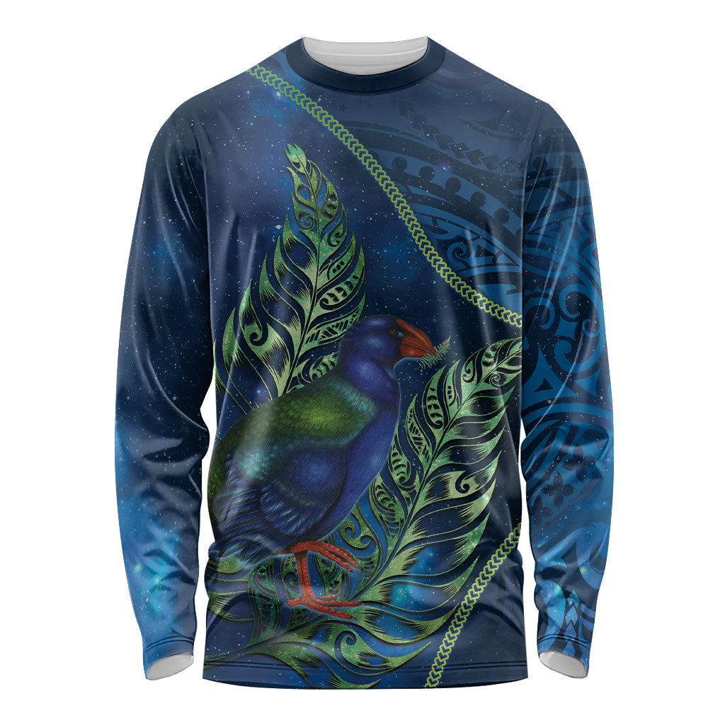 New Zealand Takahe Personalised Long Sleeve Shirt Silver Fern Galaxy Polynesian Pattern LT22 Unisex Blue - Polynesian Pride