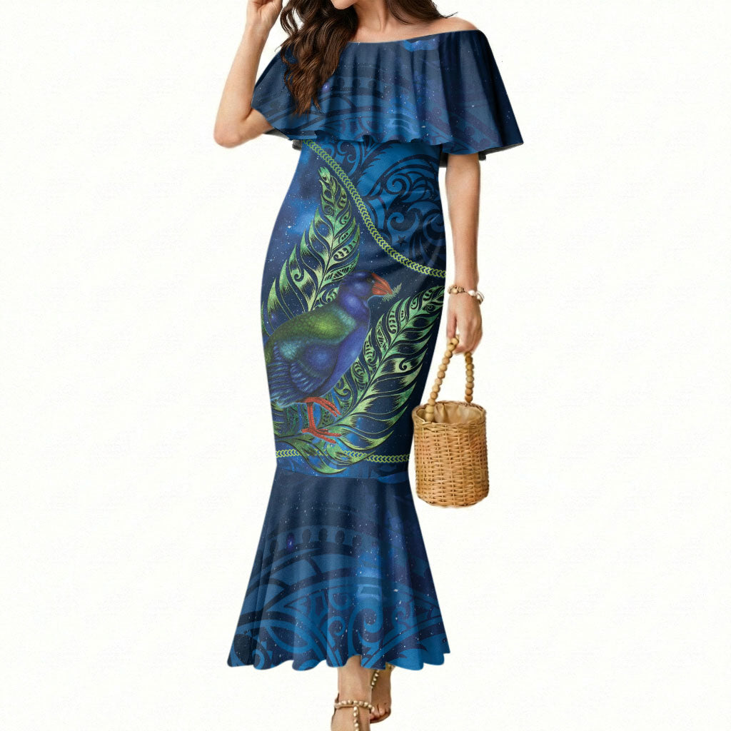 New Zealand Takahe Personalised Mermaid Dress Silver Fern Galaxy Polynesian Pattern LT22 Women Blue - Polynesian Pride