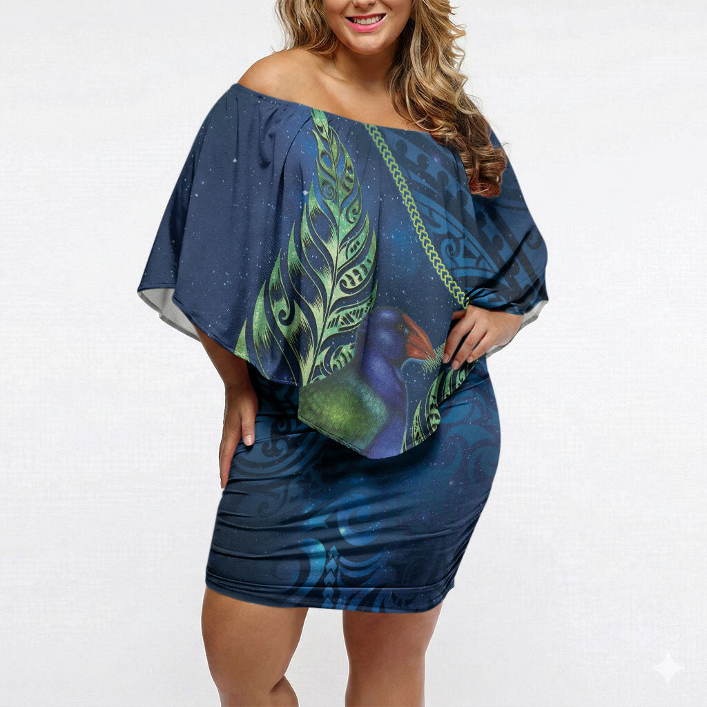 New Zealand Takahe Personalised Off Shoulder Short Dress Silver Fern Galaxy Polynesian Pattern LT22 Women Blue - Polynesian Pride