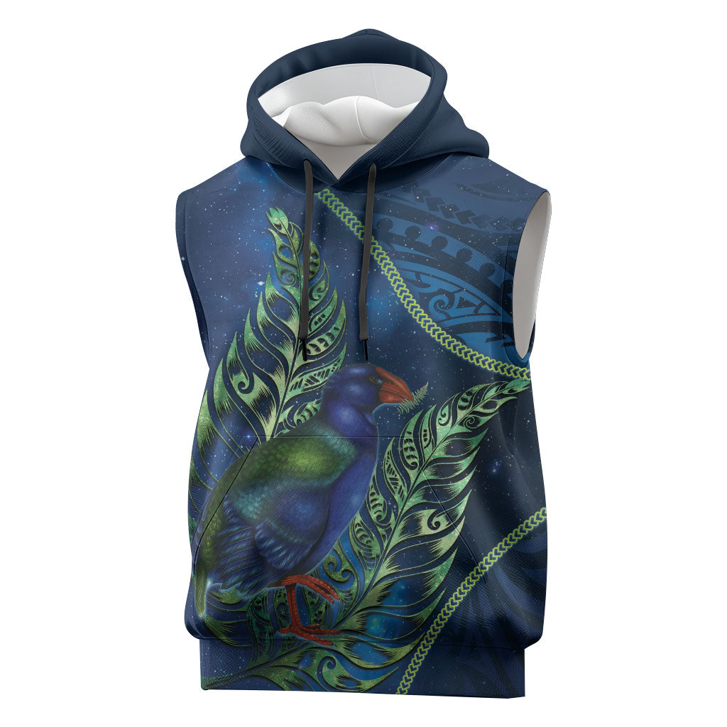 New Zealand Takahe Personalised Sleeveless Hoodie Silver Fern Galaxy Polynesian Pattern LT22 Blue - Polynesian Pride