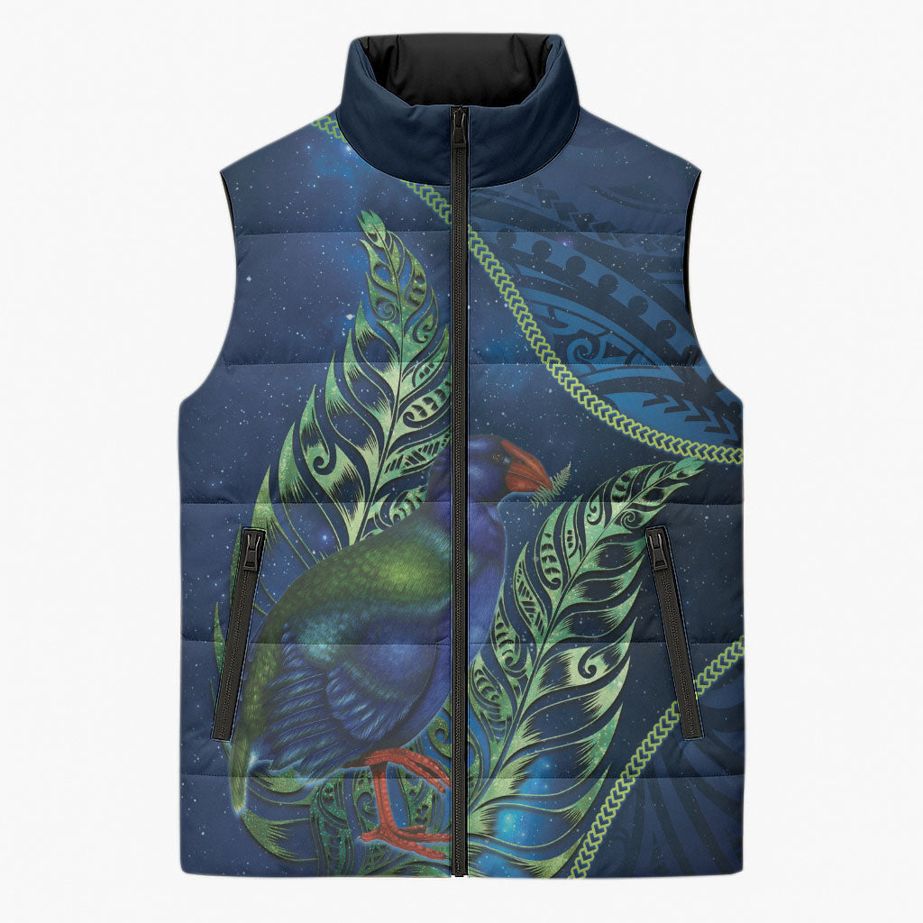 New Zealand Takahe Personalised Sleeveless Puffer Jacket Silver Fern Galaxy Polynesian Pattern LT22 Unisex Blue - Polynesian Pride