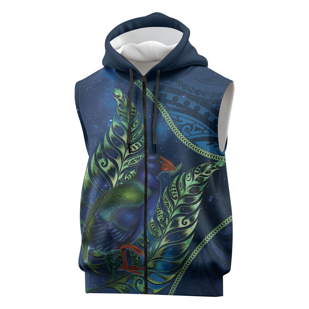 New Zealand Takahe Personalised Sleeveless Zip Hoodie Silver Fern Galaxy Polynesian Pattern LT22 Blue - Polynesian Pride