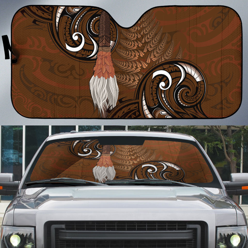 New Zealand Taiaha Auto Sun Shade Maori Weapon Silver Fern Maori Pattern LT22 Brown - Polynesian Pride