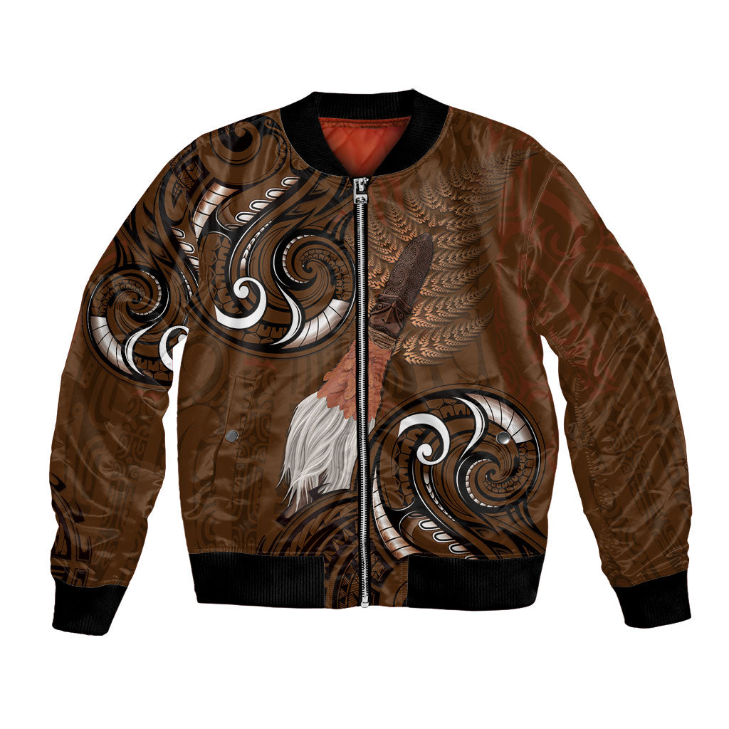 New Zealand Taiaha Bomber Jacket Maori Weapon Silver Fern Maori Pattern LT22 Unisex Brown - Polynesian Pride