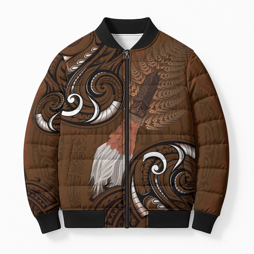 New Zealand Taiaha Bomber Puffer Jacket Maori Weapon Silver Fern Maori Pattern LT22 Unisex Brown - Polynesian Pride