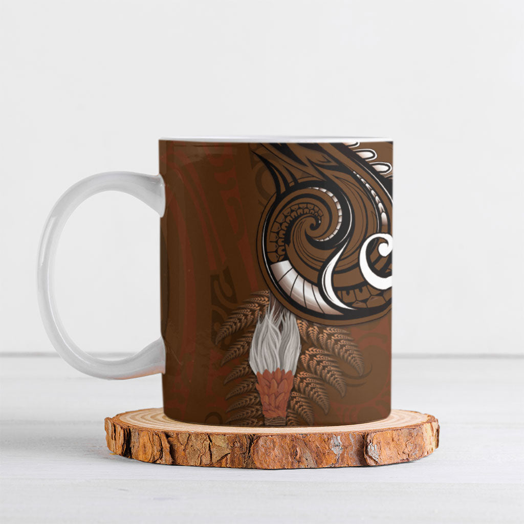 New Zealand Taiaha Ceramic Mug Maori Weapon Silver Fern Maori Pattern LT22 Brown - Polynesian Pride