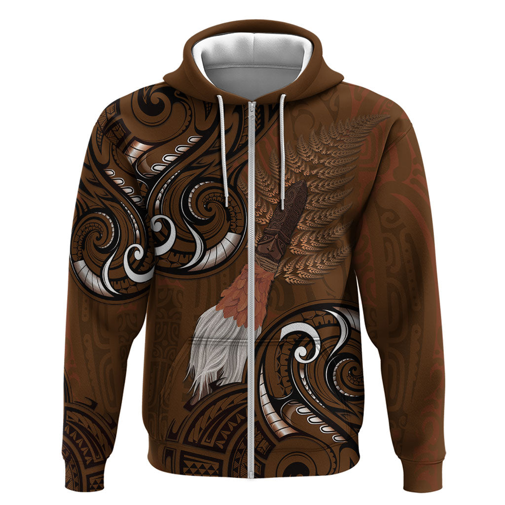New Zealand Taiaha Hoodie Maori Weapon Silver Fern Maori Pattern LT22 Zip Hoodie Brown - Polynesian Pride