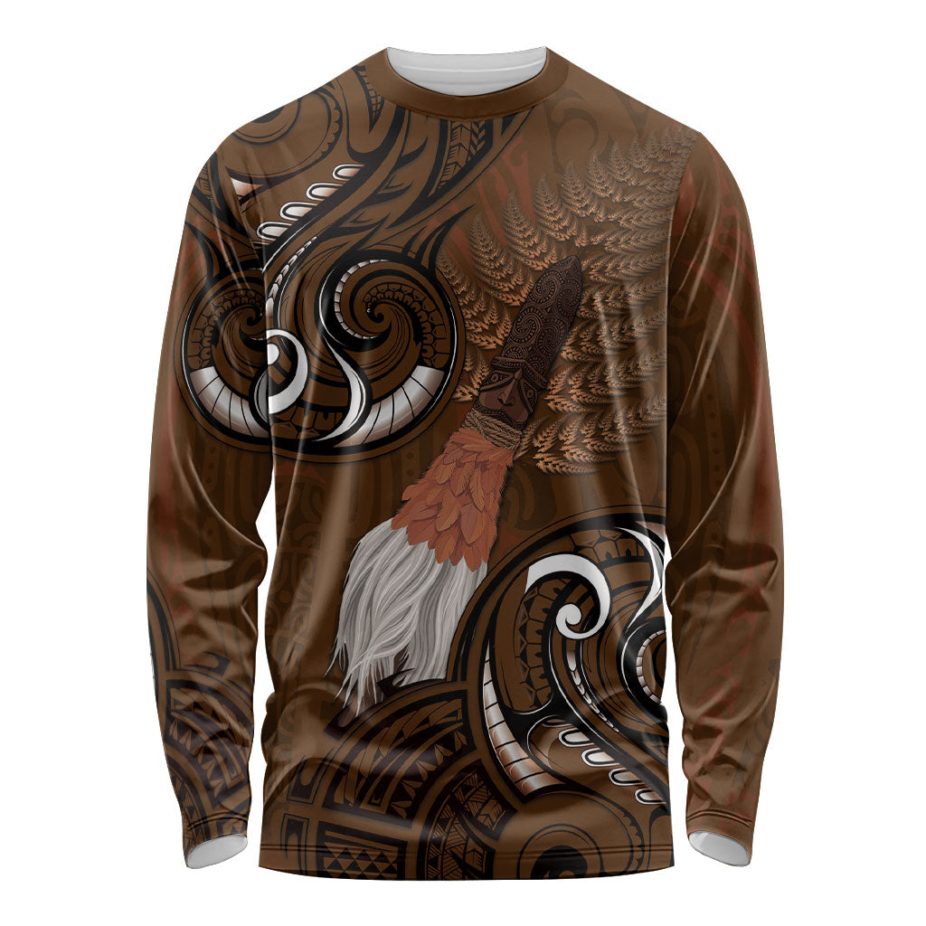 New Zealand Taiaha Long Sleeve Shirt Maori Weapon Silver Fern Maori Pattern LT22 Unisex Brown - Polynesian Pride