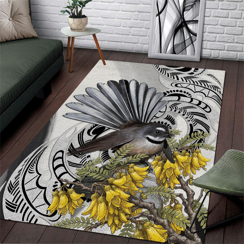 New Zealand Fantail Bird Area Rug Maori Piwakawaka Kowhai Maori Pattern LT22 Grey - Polynesian Pride