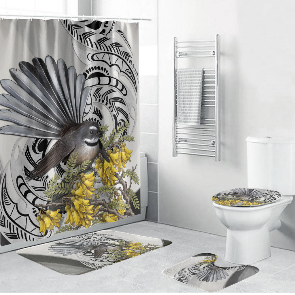 New Zealand Fantail Bird Bathroom Set Maori Piwakawaka Kowhai Maori Pattern LT22 Bathroom Set (4 pcs) Grey - Polynesian Pride