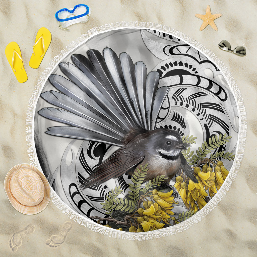 New Zealand Fantail Bird Beach Blanket Maori Piwakawaka Kowhai Maori Pattern LT22 One Size 150cm Grey - Polynesian Pride
