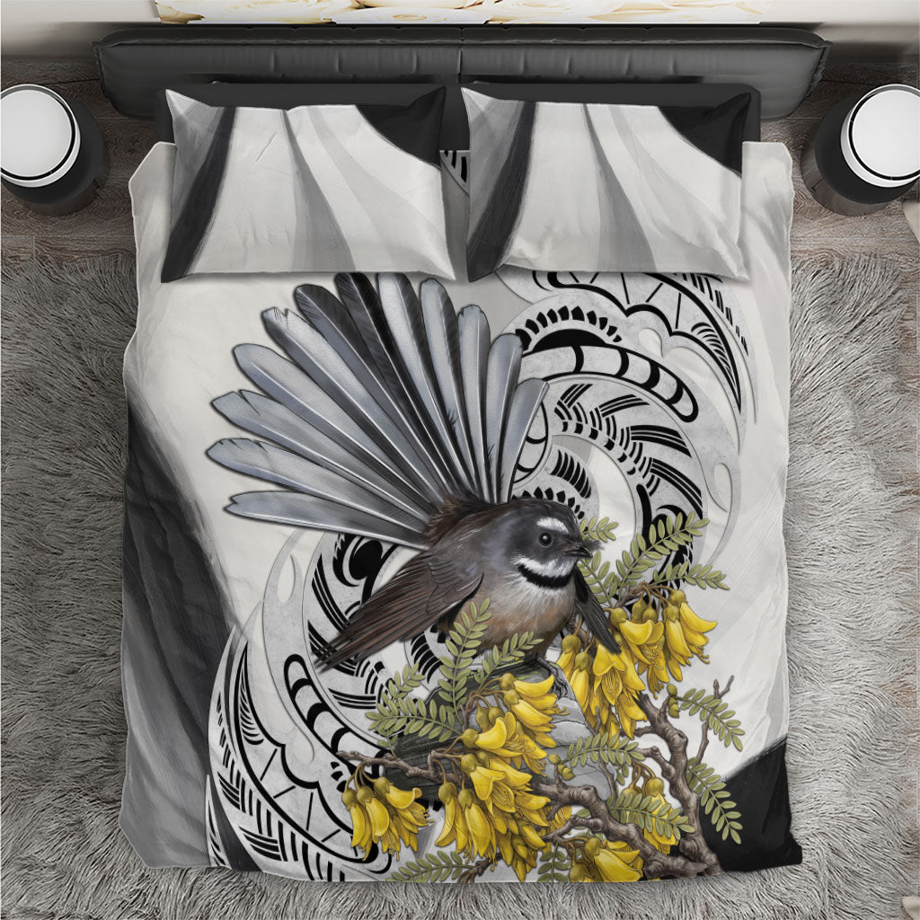 New Zealand Fantail Bird Bedding Set Maori Piwakawaka Kowhai Maori Pattern LT22 Grey - Polynesian Pride