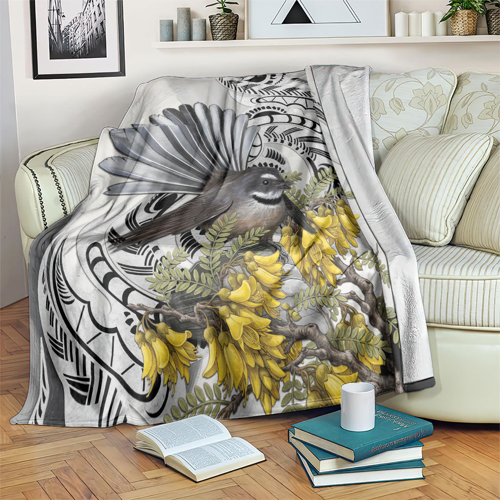 New Zealand Fantail Bird Blanket Maori Piwakawaka Kowhai Maori Pattern LT22 Grey - Polynesian Pride