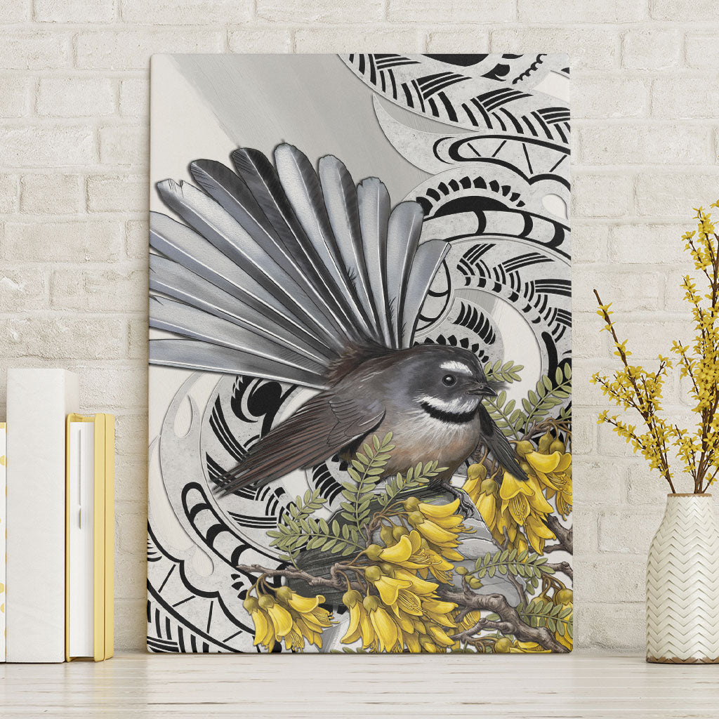 New Zealand Fantail Bird Canvas Wall Art Maori Piwakawaka Kowhai Maori Pattern LT22 Without Frame Grey - Polynesian Pride