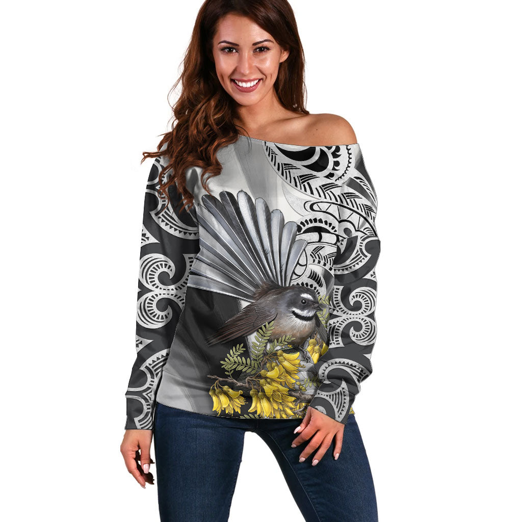 New Zealand Fantail Bird Off Shoulder Sweater Maori Piwakawaka Kowhai Maori Pattern LT22 Women Grey - Polynesian Pride