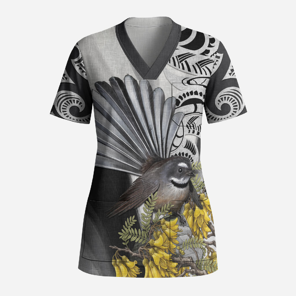 New Zealand Fantail Bird Scrub Top Maori Piwakawaka Kowhai Maori Pattern LT22 Adult Grey - Polynesian Pride