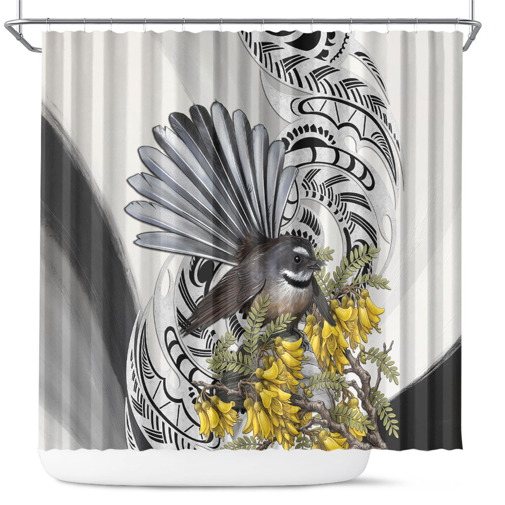 New Zealand Fantail Bird Shower Curtain Maori Piwakawaka Kowhai Maori Pattern LT22 Grey - Polynesian Pride