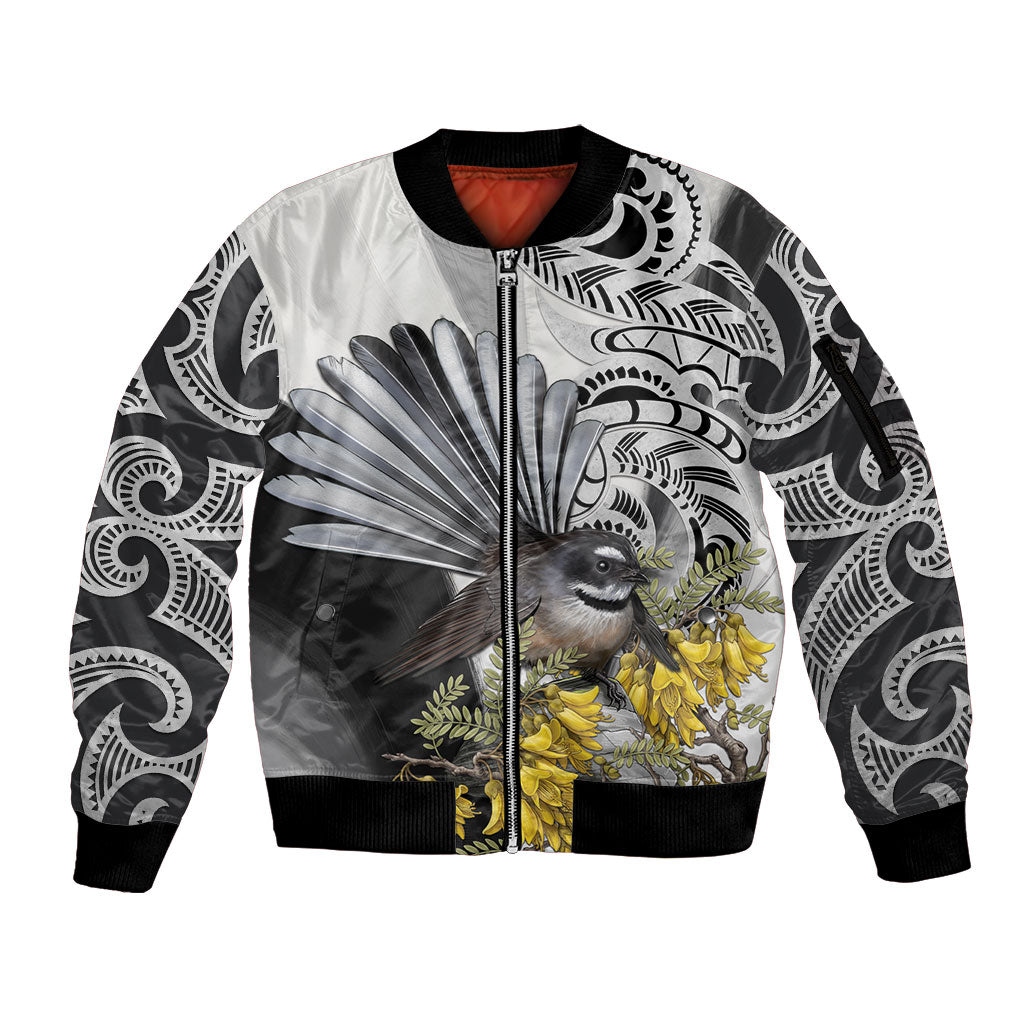 New Zealand Fantail Bird Sleeve Zip Bomber Jacket Maori Piwakawaka Kowhai Maori Pattern LT22 Unisex Grey - Polynesian Pride