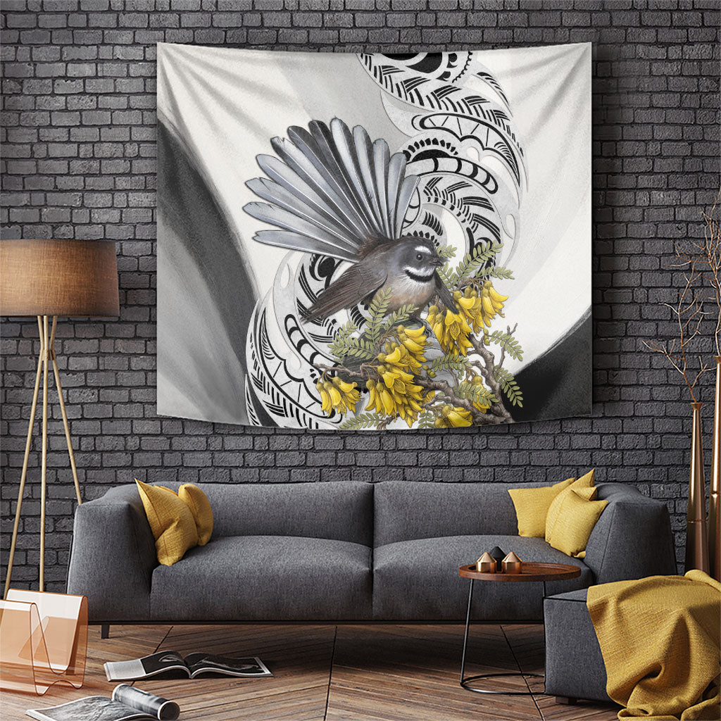 New Zealand Fantail Bird Tapestry Maori Piwakawaka Kowhai Maori Pattern LT22 Grey - Polynesian Pride