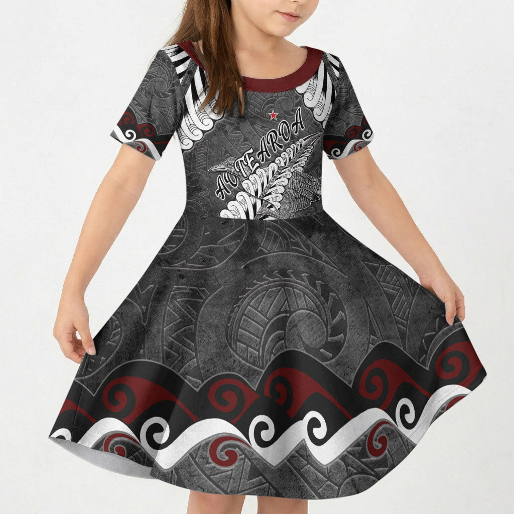 New Zealand Weka Personalised Kid Short Sleeve Dress Aotearoa Hen Silver Fern Maori Pattern LT22 KID Black - Polynesian Pride