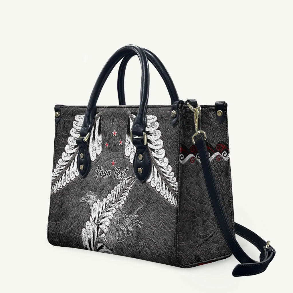 New Zealand Weka Personalised Leather Bag Aotearoa Hen Silver Fern Maori Pattern LT22 Black - Polynesian Pride