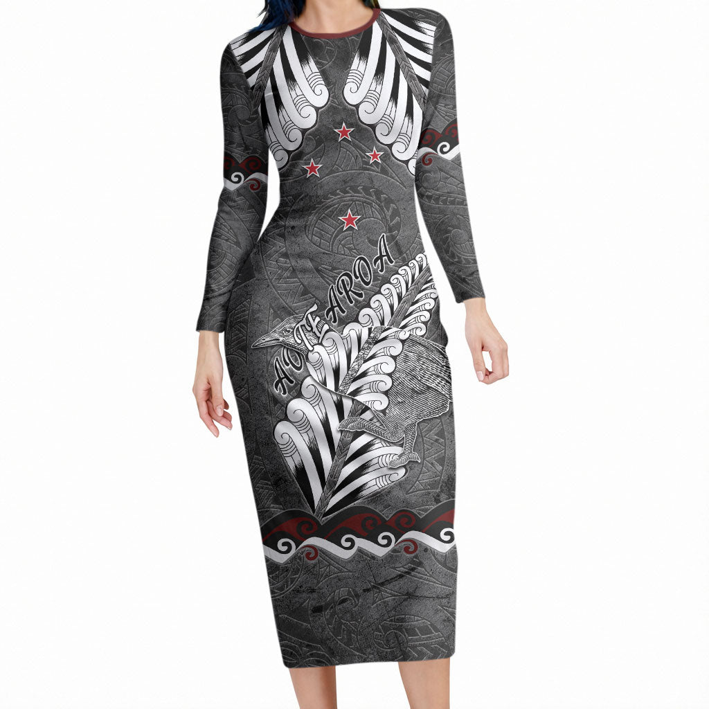 New Zealand Weka Personalised Long Sleeve Bodycon Dress Aotearoa Hen Silver Fern Maori Pattern LT22 Long Dress Black - Polynesian Pride