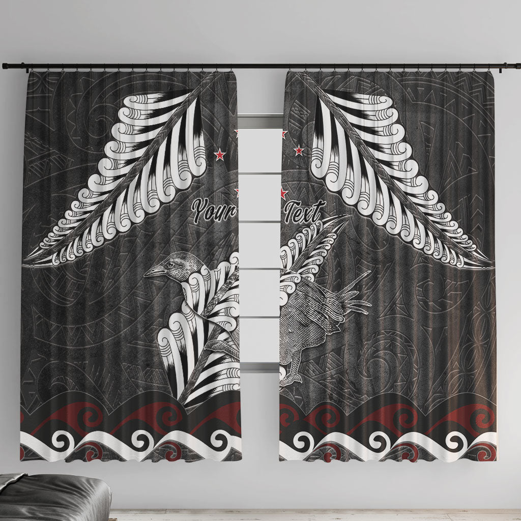 New Zealand Weka Personalised Window Curtain Aotearoa Hen Silver Fern Maori Pattern LT22 With Hooks Black - Polynesian Pride