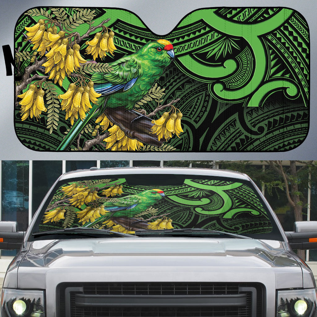 New Zealand Parakeet Bird Auto Sun Shade Maori Kakariki Kowhai Maori Pattern LT22 Green - Polynesian Pride