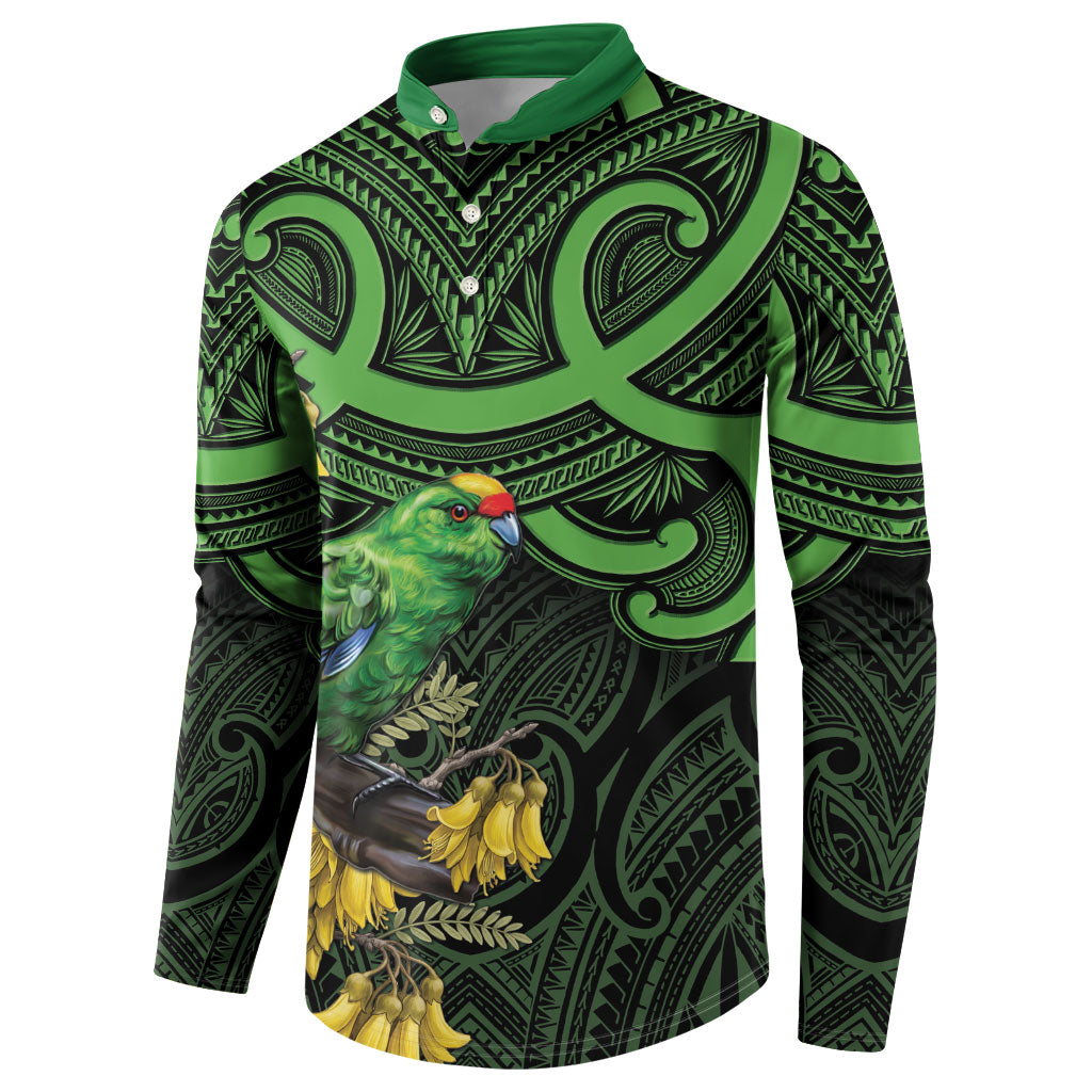 New Zealand Parakeet Bird Button Sweatshirt Maori Kakariki Kowhai Maori Pattern LT22 - Polynesian Pride