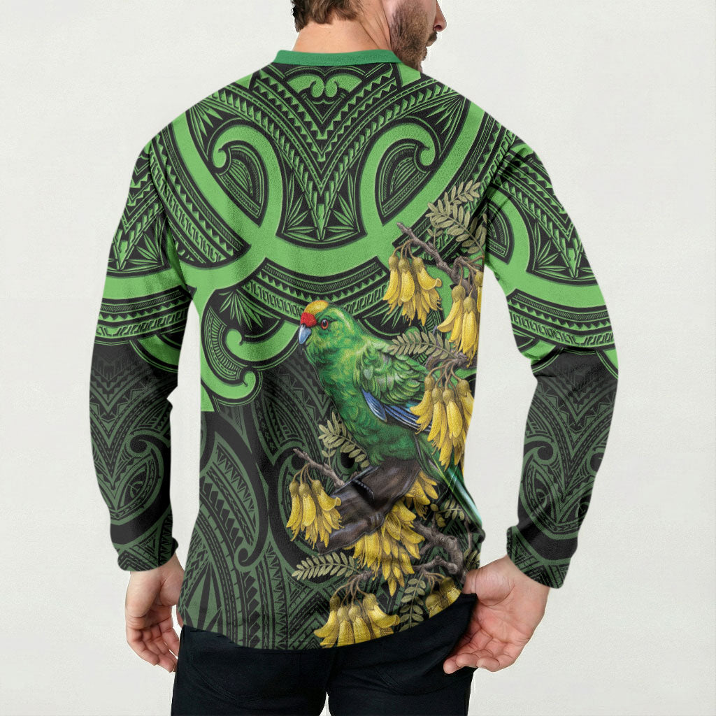 New Zealand Parakeet Bird Button Sweatshirt Maori Kakariki Kowhai Maori Pattern LT22 - Polynesian Pride
