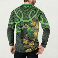 New Zealand Parakeet Bird Button Sweatshirt Maori Kakariki Kowhai Maori Pattern LT22 - Polynesian Pride