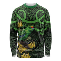 New Zealand Parakeet Bird Long Sleeve Shirt Maori Kakariki Kowhai Maori Pattern LT22 Unisex Green - Polynesian Pride