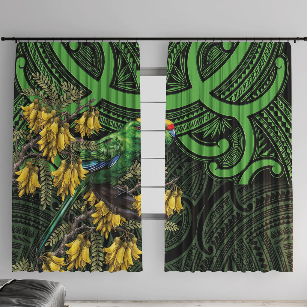 New Zealand Parakeet Bird Window Curtain Maori Kakariki Kowhai Maori Pattern LT22 With Hooks Green - Polynesian Pride