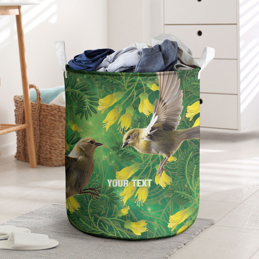 Bellbird New Zealand Personalised Laundry Basket Kowhai Flower Maori Pattern LT22 Green - Polynesian Pride