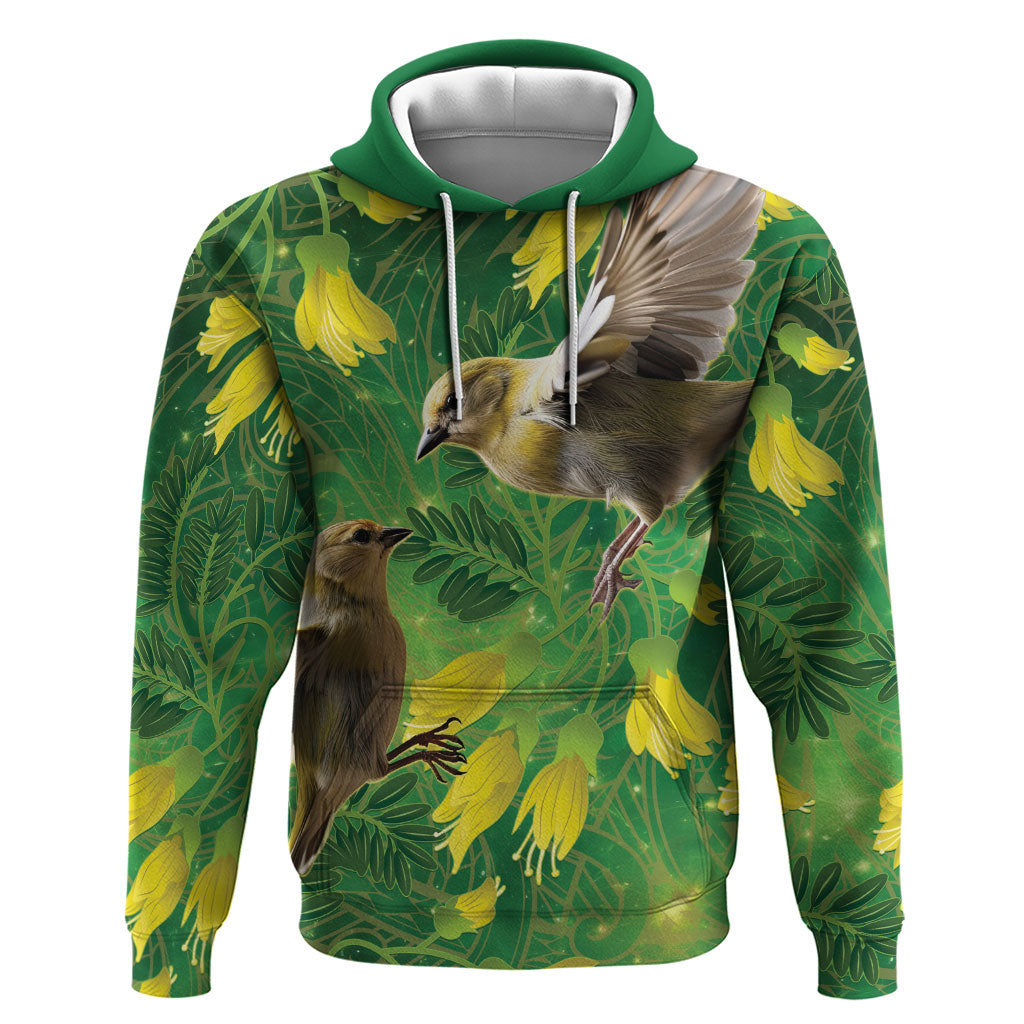 Bellbird New Zealand Personalised Hoodie Kowhai Flower Maori Pattern LT22 Pullover Hoodie Green - Polynesian Pride