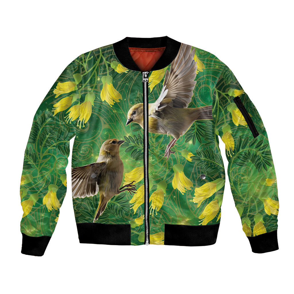Bellbird New Zealand Personalised Sleeve Zip Bomber Jacket Kowhai Flower Maori Pattern LT22 Unisex Green - Polynesian Pride