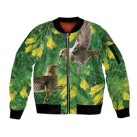 Bellbird New Zealand Personalised Sleeve Zip Bomber Jacket Kowhai Flower Maori Pattern LT22 Unisex Green - Polynesian Pride