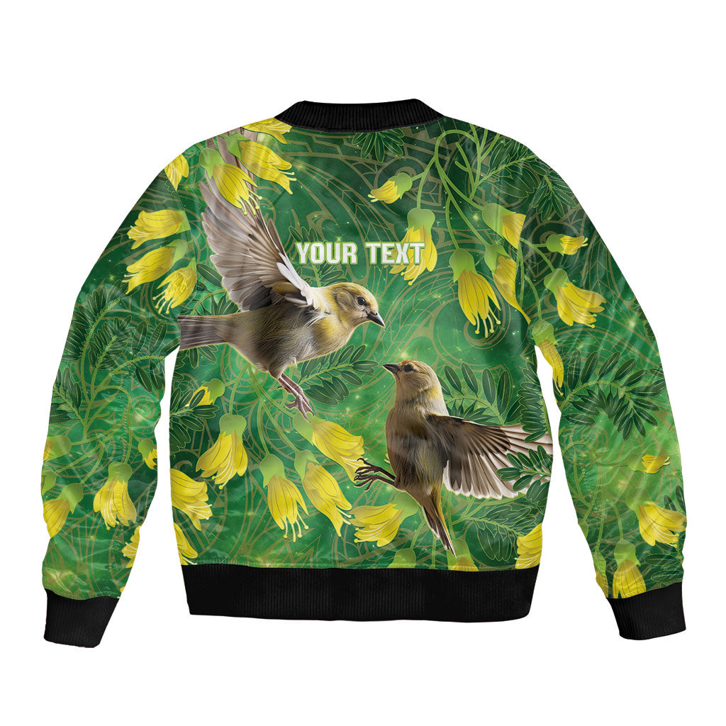 Bellbird New Zealand Personalised Sleeve Zip Bomber Jacket Kowhai Flower Maori Pattern LT22 - Polynesian Pride