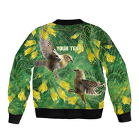 Bellbird New Zealand Personalised Sleeve Zip Bomber Jacket Kowhai Flower Maori Pattern LT22 - Polynesian Pride