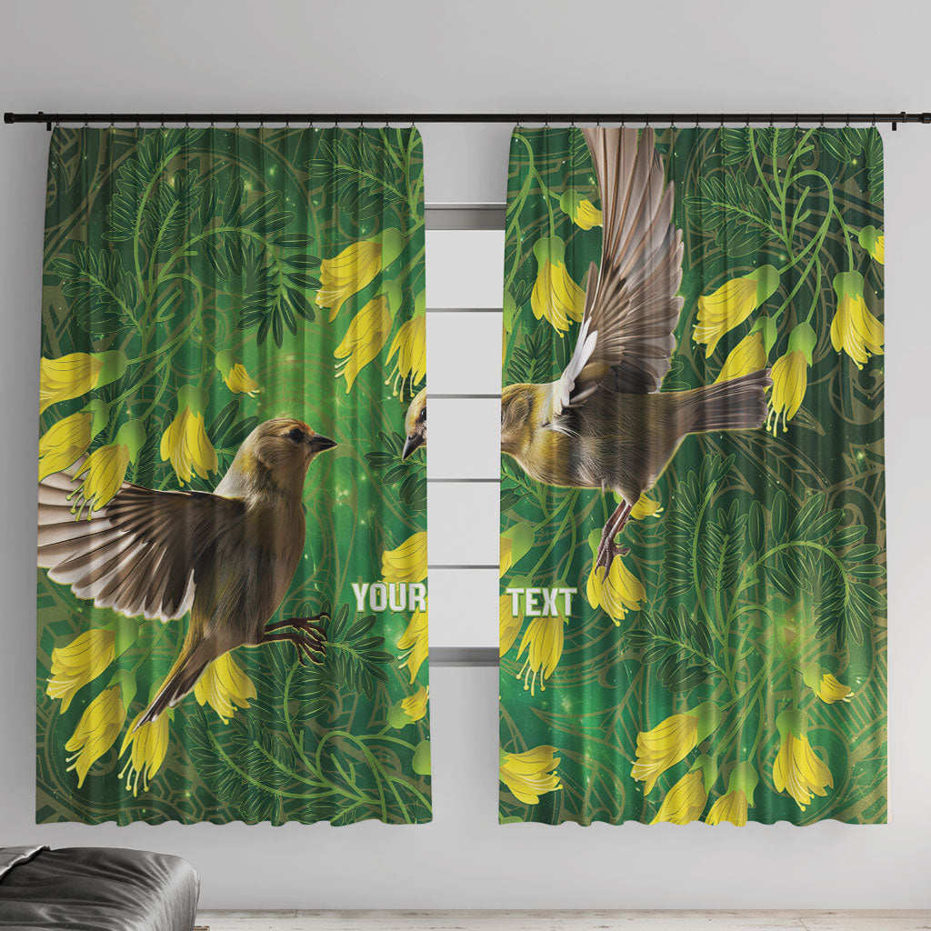 Bellbird New Zealand Personalised Window Curtain Kowhai Flower Maori Pattern LT22 With Hooks Green - Polynesian Pride