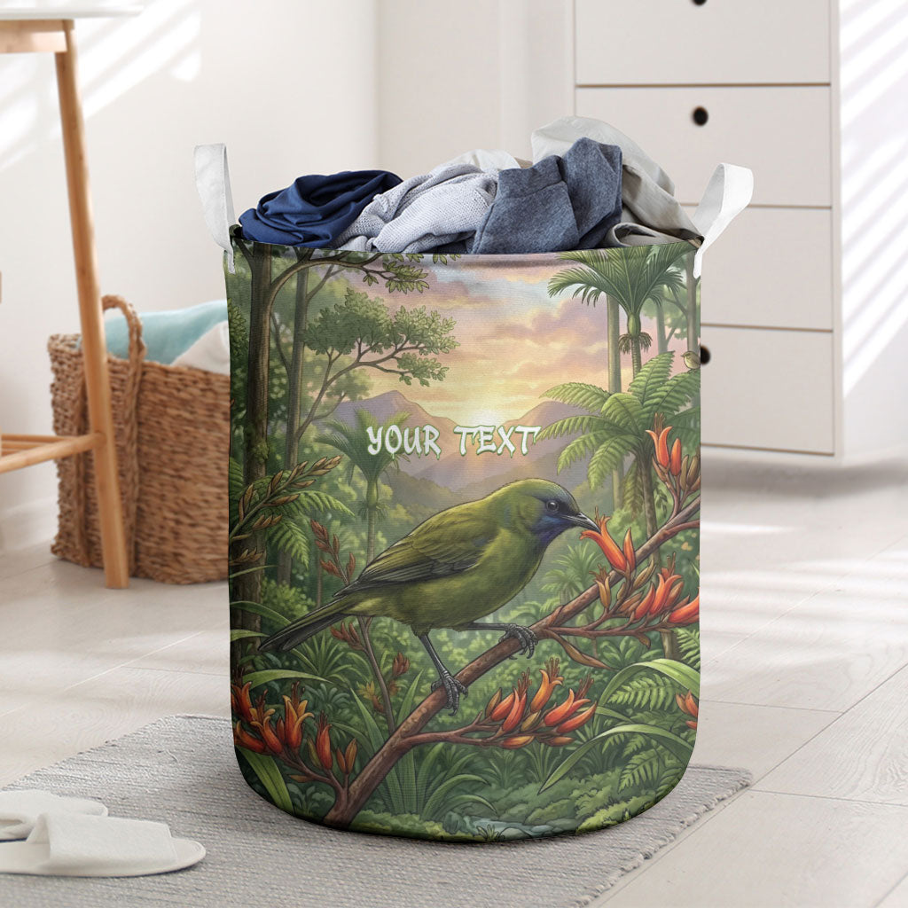 Bellbird New Zealand Personalised Laundry Basket Korimako Harakeke Flower Native Forest LT22 Green - Polynesian Pride