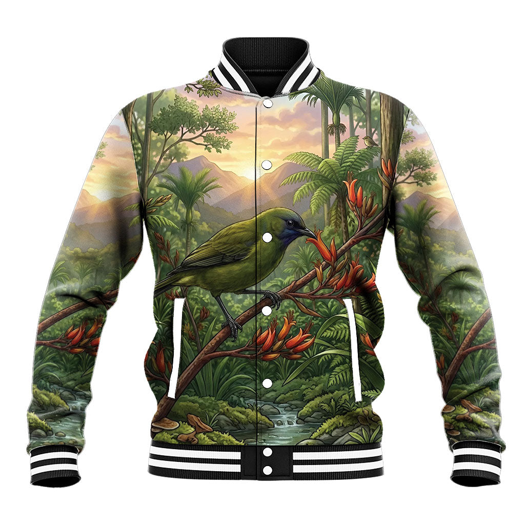 Bellbird New Zealand Personalised Baseball Jacket Korimako Harakeke Flower Native Forest LT22 Unisex Green - Polynesian Pride