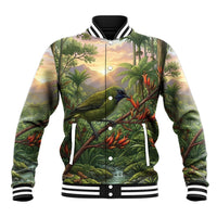 Bellbird New Zealand Personalised Baseball Jacket Korimako Harakeke Flower Native Forest LT22 Unisex Green - Polynesian Pride