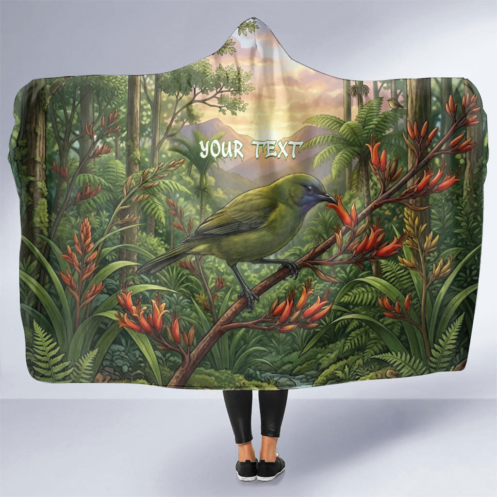Bellbird New Zealand Personalised Hooded Blanket Korimako Harakeke Flower Native Forest LT22 One Size Green - Polynesian Pride