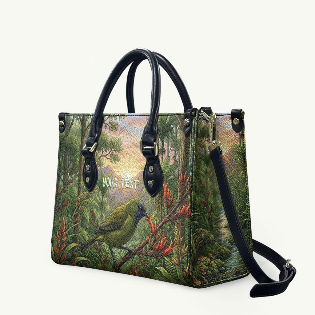 Bellbird New Zealand Personalised Leather Bag Korimako Harakeke Flower Native Forest LT22 Green - Polynesian Pride