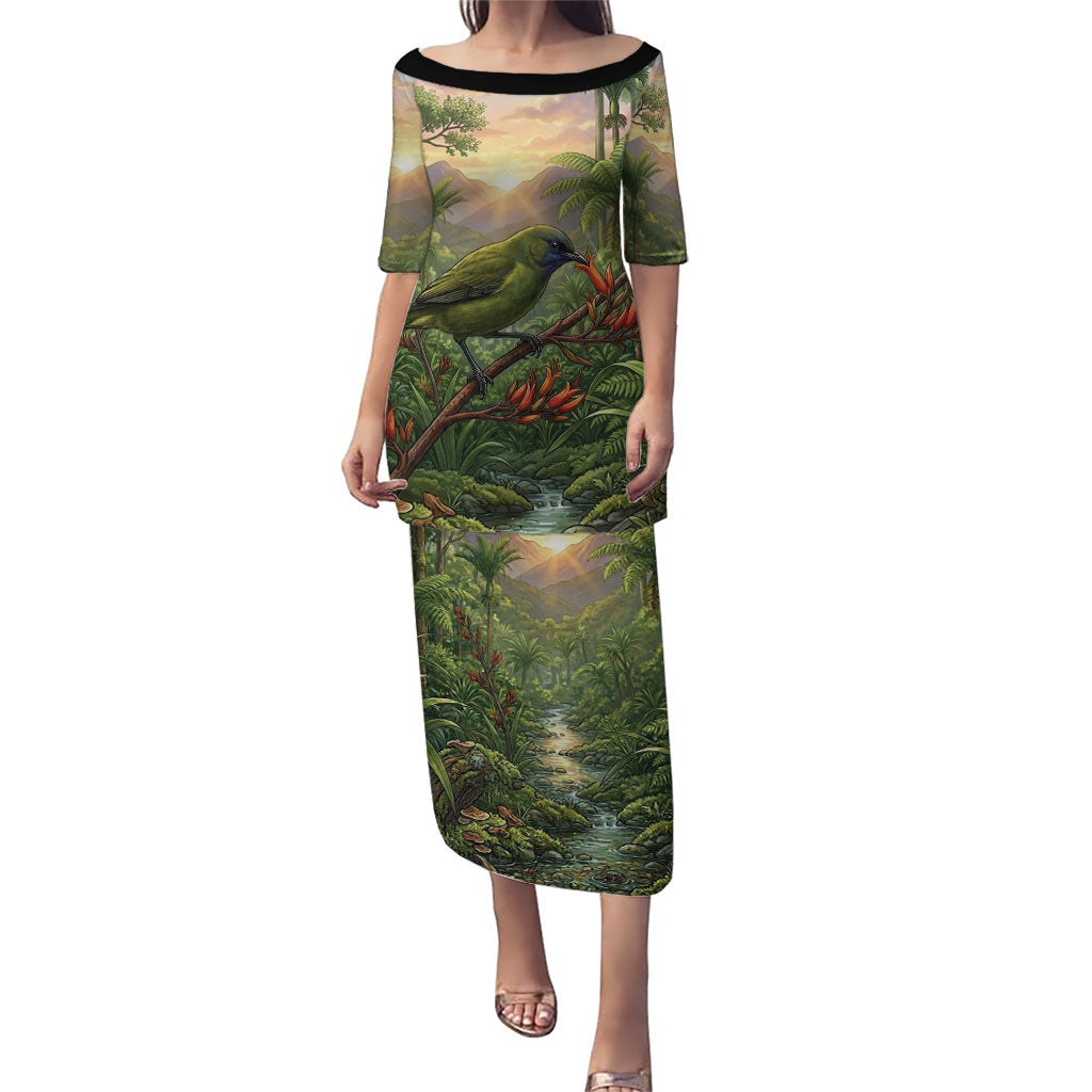 Bellbird New Zealand Personalised Puletasi Korimako Harakeke Flower Native Forest LT22 Long Dress Green - Polynesian Pride