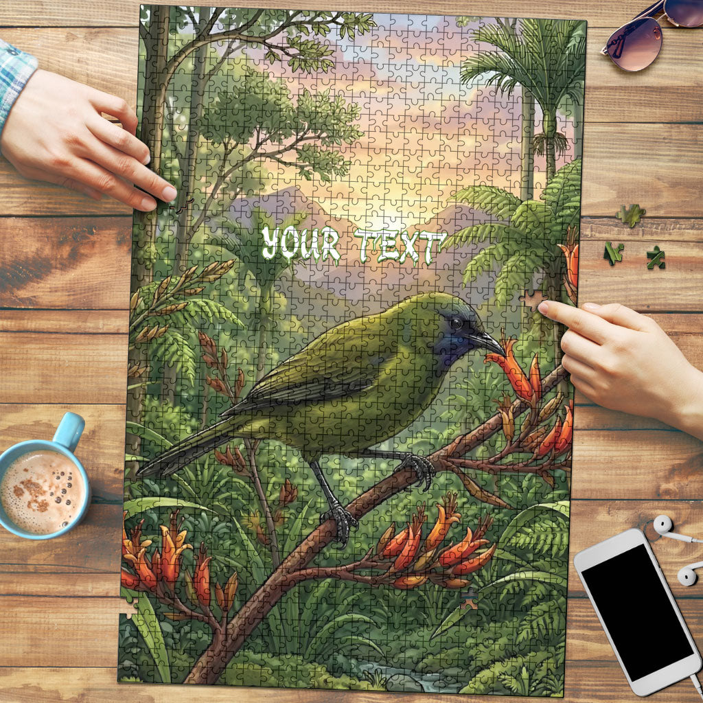 Bellbird New Zealand Personalised Puzzle Korimako Harakeke Flower Native Forest LT22 Green - Polynesian Pride