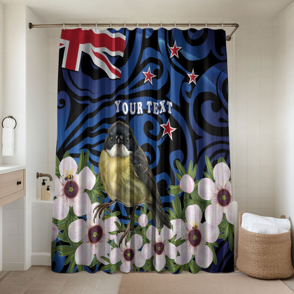 Tomtit New Zealand Personalised Bathroom Set Miromiro Manuka Flower Maori Pattern LT22 Shower Curtain Only Blue - Polynesian Pride